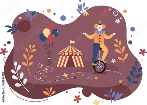 Circus ringmaster standing confidently on red and white platform with floral decorative background vector illustration 