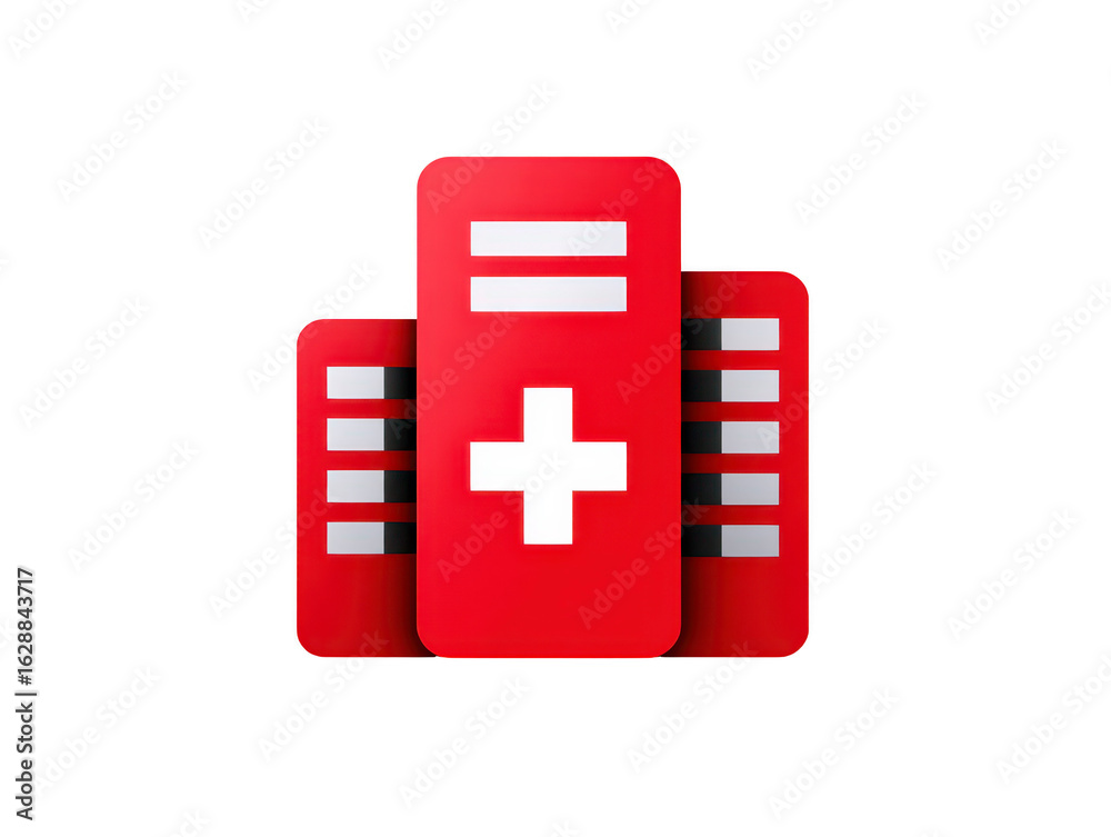 Fototapeta premium Red medical symbol representing health services, featuring cross and stacked elements, conveying urgency and care in healthcare settings