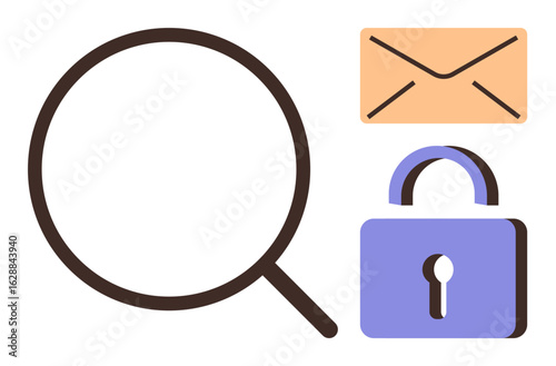 Magnifying glass, envelope, and lock icons symbolizing search, communication, and security. Ideal for search tools, online privacy, data access, messaging apps cyber safety email encryption simple