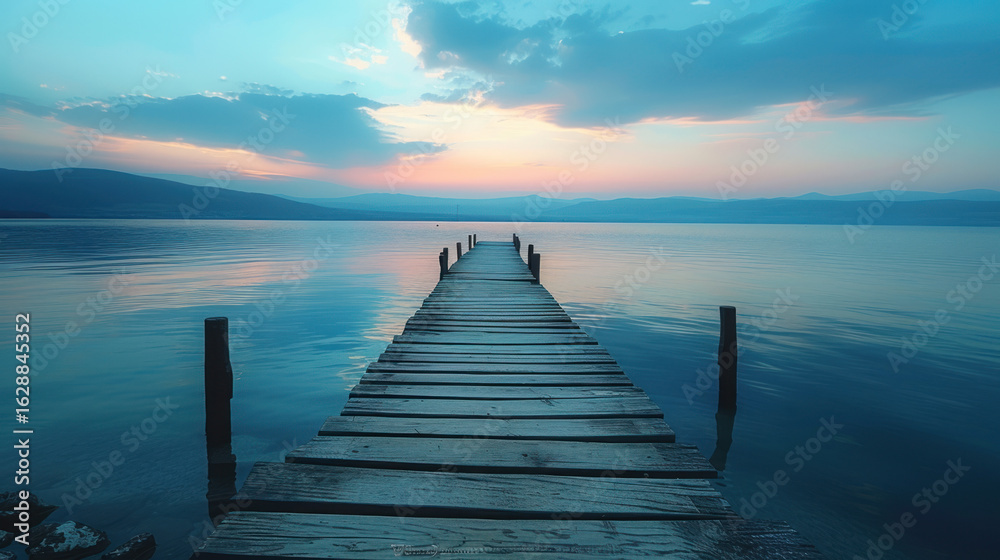 Fototapeta premium Calm waters meet a weathered pier, reflecting a peaceful sunset sky. Serenity at its finest.