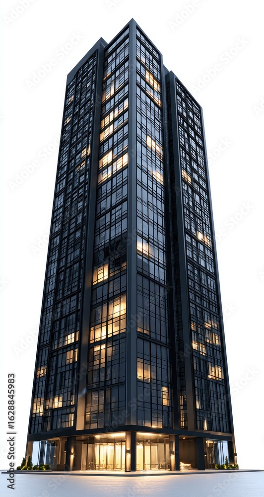 Fototapeta premium Modern skyscraper facade showcasing window grids and internal illumination, isolated