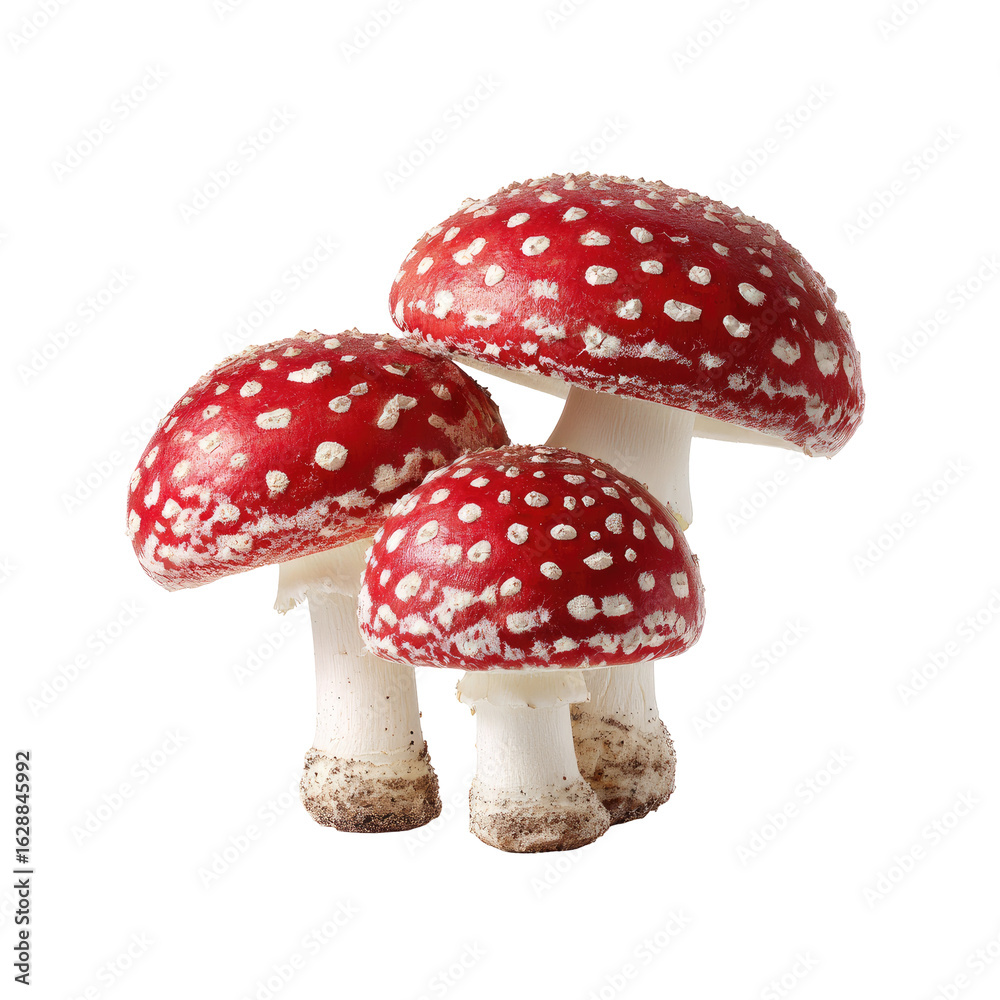Obraz premium Three vibrant red and white spotted mushrooms