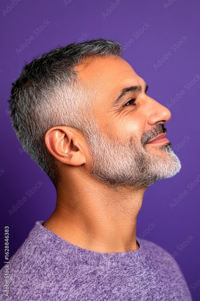 Fototapeta premium A glowing man radiating happiness and confidence. Purple solid background. Idea of style for aging men. Fashionable men's undercut haircut - midlife middle eastern man with short hair.