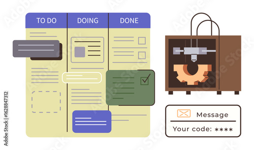 Kanban board featuring stages To Do, Doing, and Done, alongside a 3D printer and a secure code message. Ideal for productivity, innovation, project planning, automation, teamwork technology simple