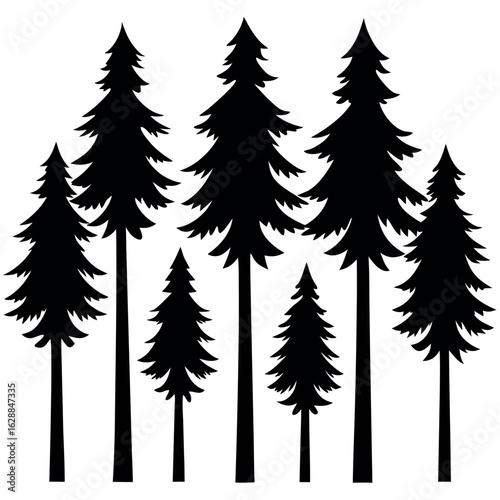 Set of 10 pine tree silhouettes with blunt top cut isolated on white background silhouette