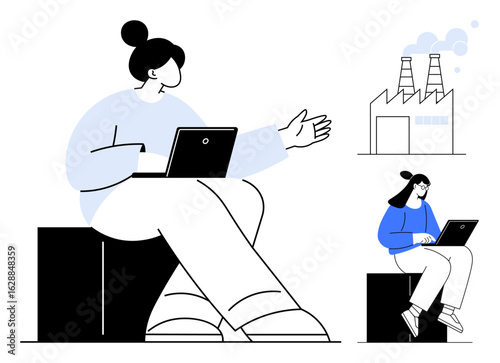 Two women working on laptops, one gesturing, factory emitting smoke in background. Ideal for teamwork, technology, innovation, remote work, industry communication sustainability. Simple flat