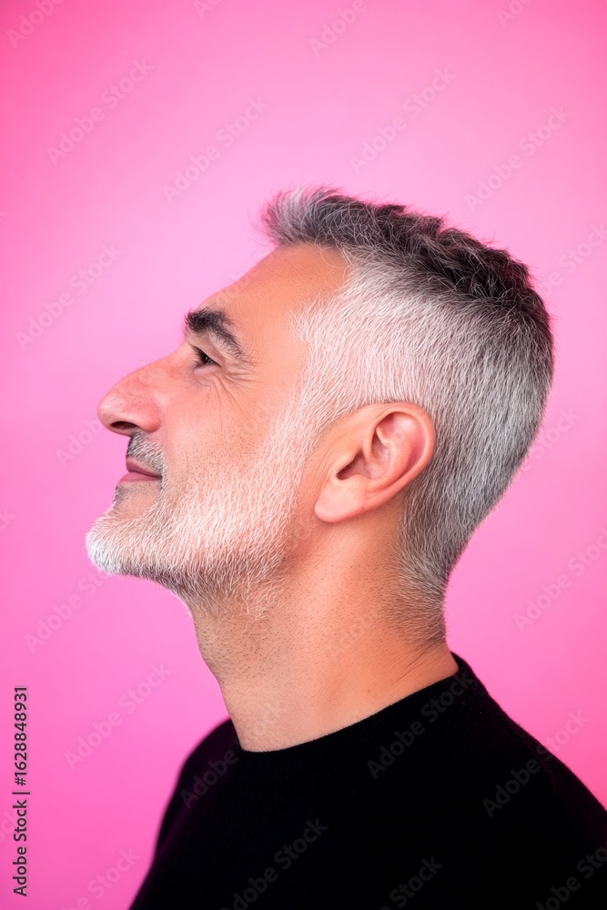 Obraz premium Creative of style for aging men. A cheerful and poised gentleman standing elegantly. Elegant men's two-block cut haircut - midlife arabian man with short hair. Pink solid background.