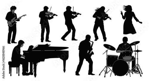 Silhouette musicians performing orchestra instruments like guitar violin piano and drums ensemble music art on transparent background