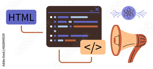 Computer interface with code editor, HTML box, programming languages, atomic graphic, megaphone. Ideal for web development, coding, technology, data sharing software educational tools simple flat