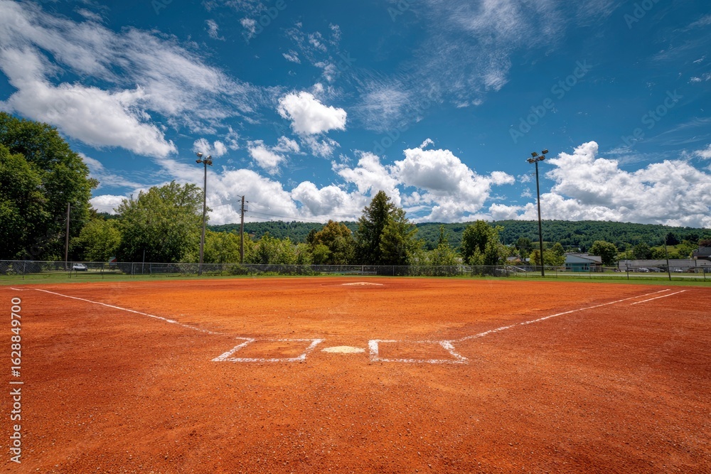 Fototapeta premium A vibrant red dirt baseball field stretches beneath a bright blue sky with puffy clouds