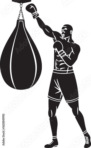 Boxer training solo with a speed bag. A minimalistic and powerful design for gym decor, sports gear branding, or fitness materials.