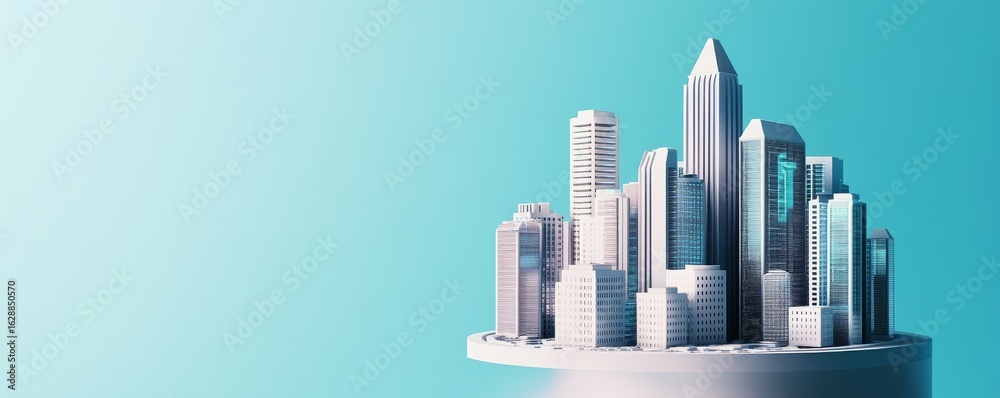 Naklejka premium Minimalist Cityscape Modern Architecture Model on Teal, Urban ,Skyscrapers