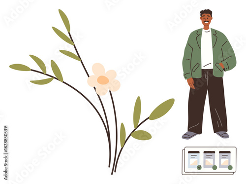 A smiling man in stylish casual attire near a delicate flower branch and UI mockups on screens. Ideal for nature, lifestyle, digital innovation, eco-tech, personal growth, user interface, modern