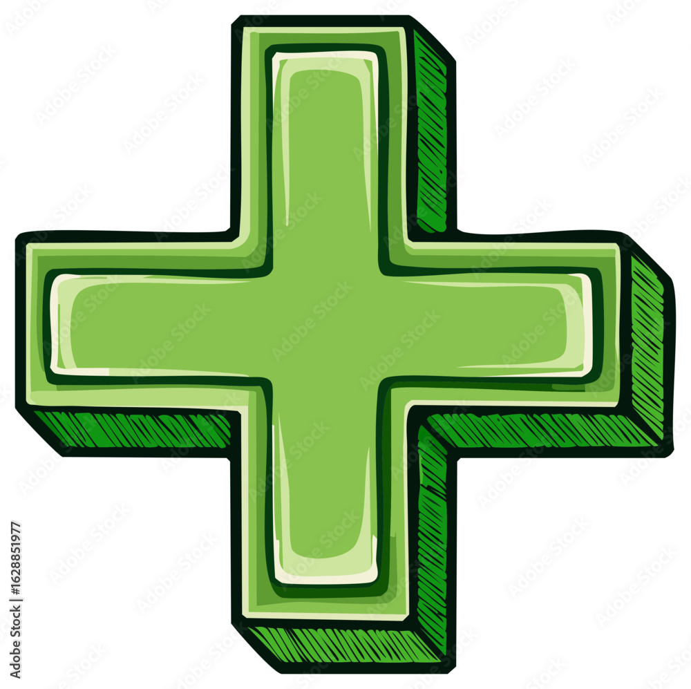 Fototapeta premium Green plus symbol with a hand drawn appearance and 3d effect