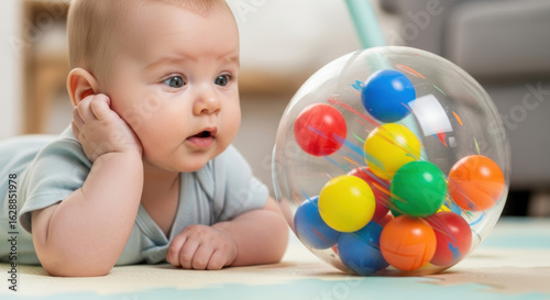 Baby lying down looking at a clear ball filled with colorful balls on a light colored surface