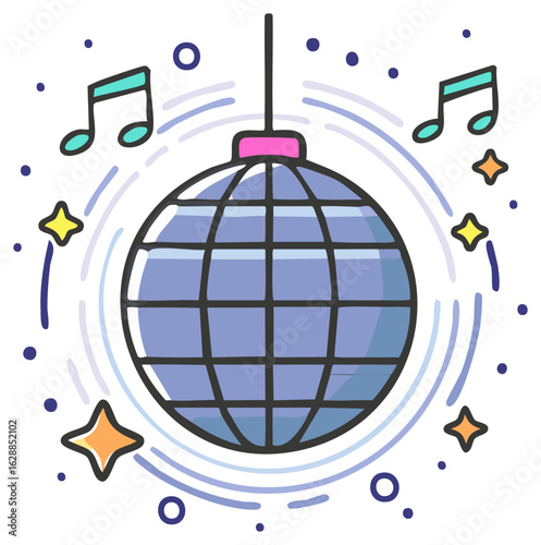 Colorful cartoon disco ball with musical notes and stars for a party