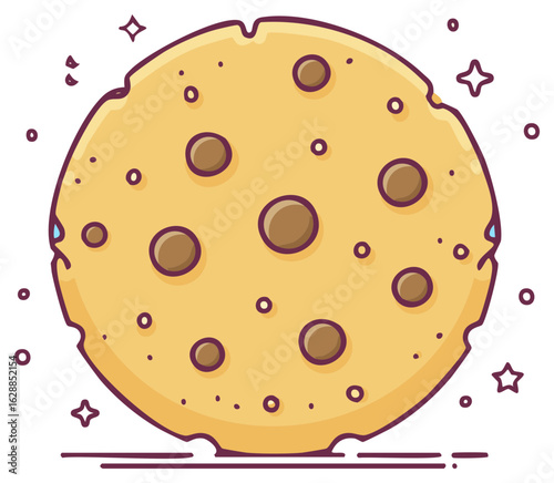 Sparkling chocolate chip cookie planet illustration in cute cartoon style with chocolate craters