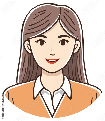 Cheerful young woman with long brown hair in a cartoon illustration