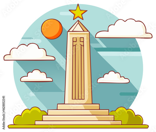 Stylized illustration of a national monument obelisk with a star against a blue sky with clouds and sun
