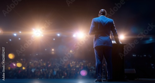 A middle-aged Black man stands at the podium, delivering an incredible speech about how to grow your business and make more money Generative AI