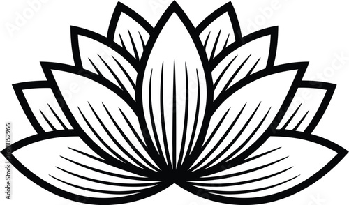 Elegant black and white line art illustration of a blooming lotus flower silhouette