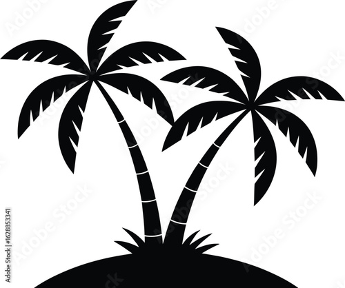 Black and white minimalist illustration of two palm trees on a small deserted island. Simple silhouette icon for tropical vacation.