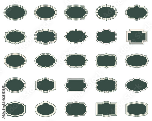 A diverse collection of 25 classic label shapes and vintage frames with ornamental borders, organized in a grid formation.