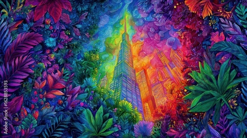 A vibrant, kaleidoscopic cityscape towers amidst colorful foliage. Bright rainbow hues dominate the scene
