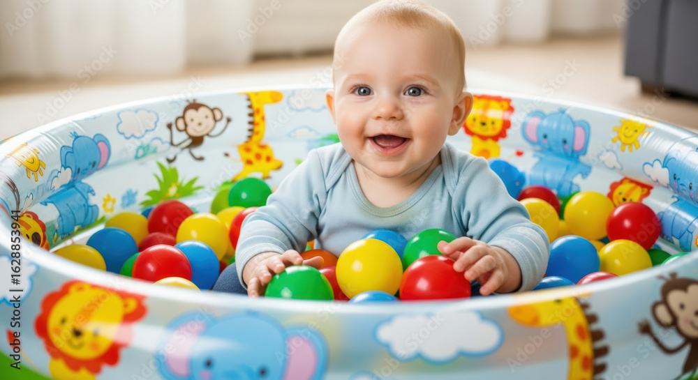 Obraz premium A baby is sitting in a ball pit with colorful balls and animal decorations on the side of the pit