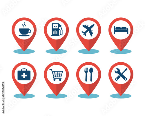 Journey Map Icon Set: A vibrant icon set, perfectly depicting essential travel and service locations with precision, ideal for navigational or informational use.