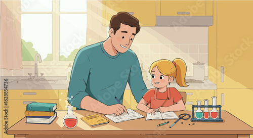 Father's day father helping daughter with science homework at home learning together education and family bonding concept vector