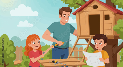 Father's day father building treehouse with kids family activity project together outdoor construction happy childhood fun vector