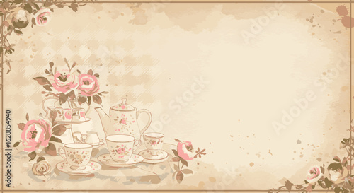 Vintage tea party background with an elegant floral tea set. Romantic illustration with pink roses and a shabby chic frame on old paper texture.