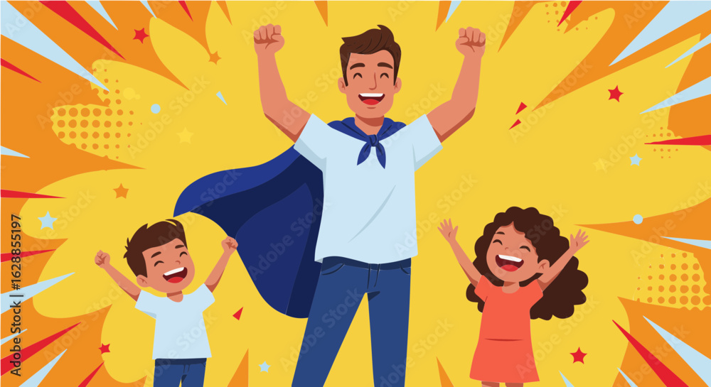 Obraz premium Father's day celebrating father's day with superhero dad and happy children illustration vector design template art work vector