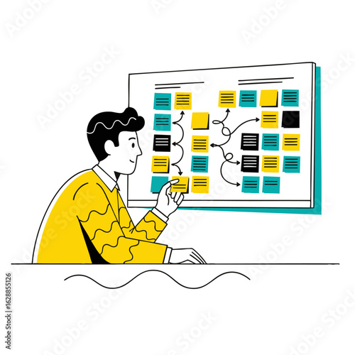 A man in a yellow sweater at a desk organizing a project workflow on a board with colorful sticky notes and arrows.