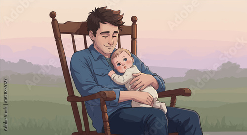 Father's day father and baby illustration: fatherhood, parenting, family, love, care, rocking chair, and childhood bliss vector