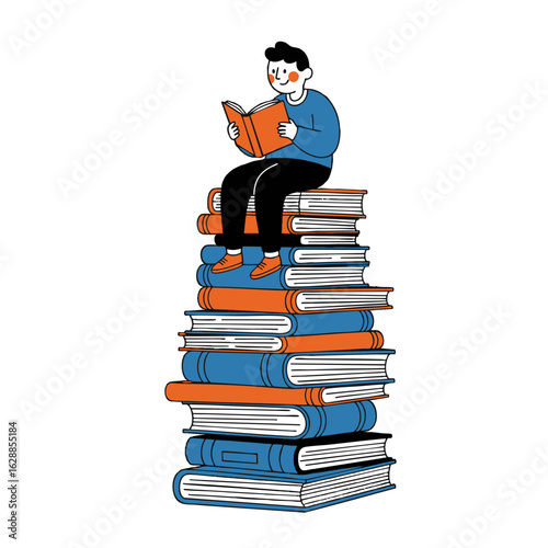 Cartoon illustration of a smiling young man with rosy cheeks reading on a tall stack of blue and orange books.