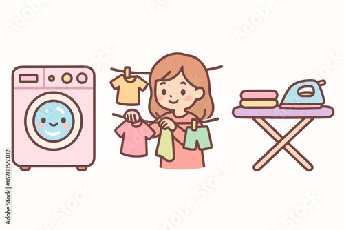Cute cartoon pastel icons representing domestic laundry chores like washing, drying, and ironing. Ideal for homemaker lifestyle sticker sets and stock vectors.