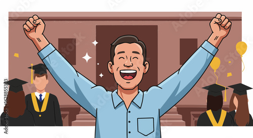 Father's day celebrate graduation achievement with happy graduate student raising arms at university commencement ceremony vector