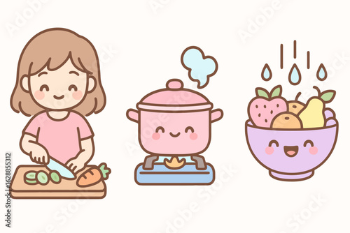 Cute cartoon icons in pastel colors representing kitchen chores like cutting, cooking, and cleaning fruits. Ideal for homemaker lifestyle stickers and stock art.