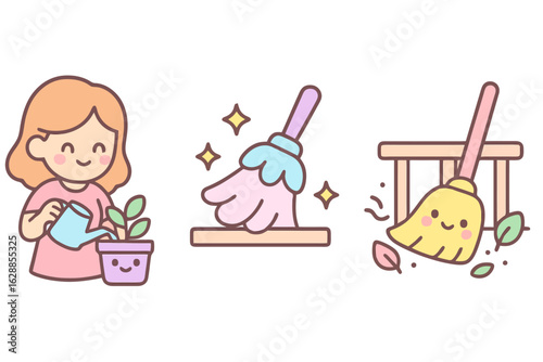 Kawaii pastel icons of home care chores: watering plants, dusting, and sweeping balcony. Fully filled pastel colors for homemaker lifestyle illustrations.