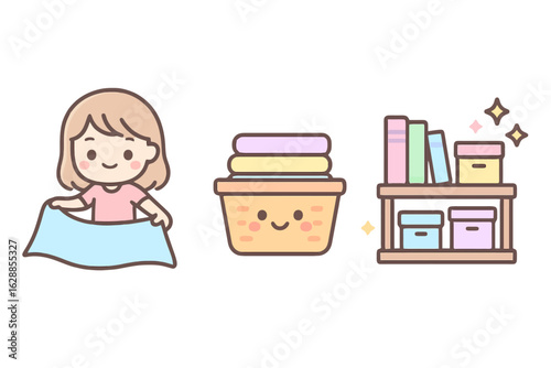 Kawaii pastel icons of housewife organizing: making bed, folding clothes, and arranging shelf. Fully filled vibrant pastels for homemaker stock collections.