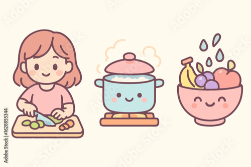 Kawaii pastel icons of cooking tasks: chopping vegetables, boiling pot, and washing fruits. Fully filled pastels for homemaker and kitchen stock sets.