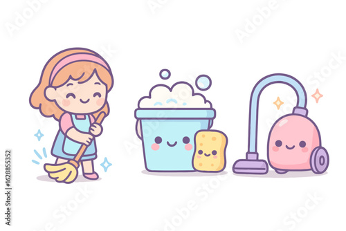 Kawaii pastel icons of house cleaning: sweeping woman, bucket with bubbles, and vacuum cleaner. Perfect for homemaker stock illustrations and sticker sets.