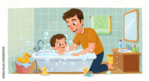 Father's day father and son taking a bubble bath together in bathroom with rubber ducks and bath toys illustration vector