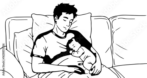 Father's day illustration of father sleeping with baby on couch, family bonding time, cozy nap together, parenting concept vector