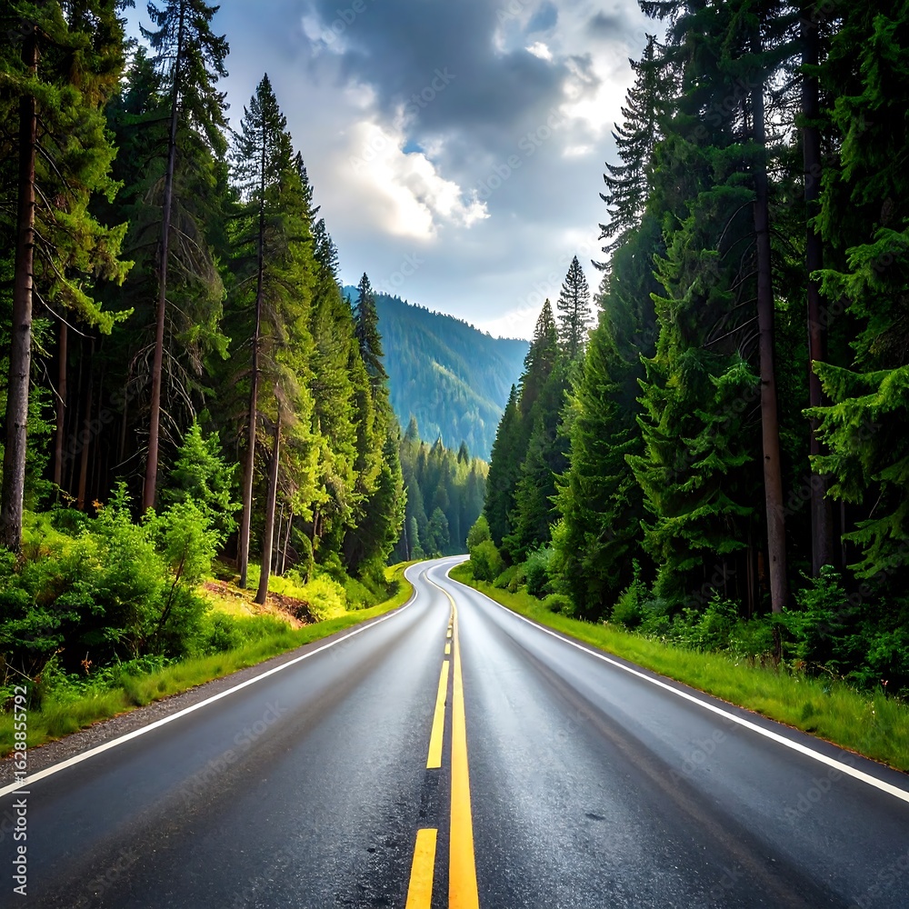 Naklejka premium Winding road through lush forest (1)