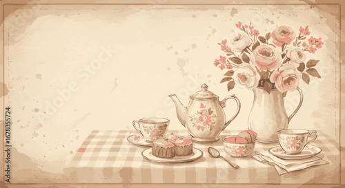 Vintage still life of an afternoon tea party with a classic teapot, cups, cupcakes, and a rose bouquet. Retro watercolor style illustration.