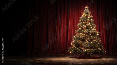 Elegant Christmas Tree on Stage with Red Velvet Curtains