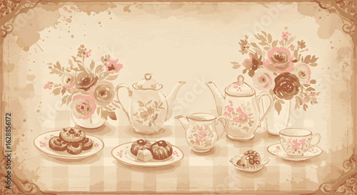 Elegant vintage style illustration of an afternoon tea party with floral china, teapots, desserts, and bouquets.